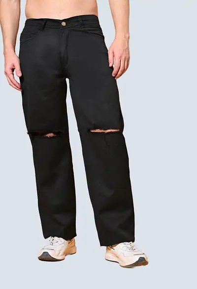 Trendy Black Loose Fit Denim Baggy Knee Cut Jeans For Men