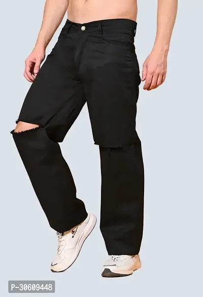 Trendy Black Loose Fit Denim Baggy Knee Cut Jeans For Men