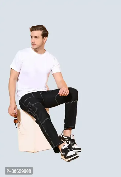 Trendy Black Regular Fit Denim  White Pocket Jeans For Men-thumb2