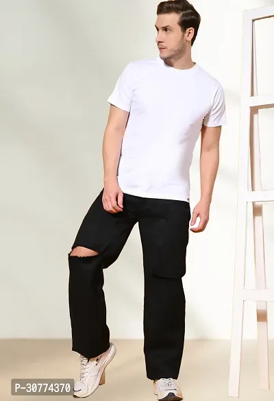 Trendy Black Loose Fit Denim Baggy  Knee Cut Jeans For Men-thumb4