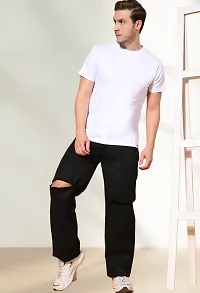 Trendy Black Loose Fit Denim Baggy  Knee Cut Jeans For Men-thumb2