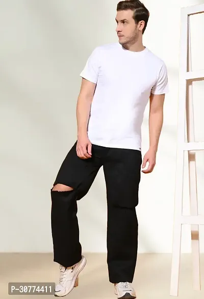 Trendy Black Loose Fit Denim Baggy  Knee Cut Jeans For Men-thumb2