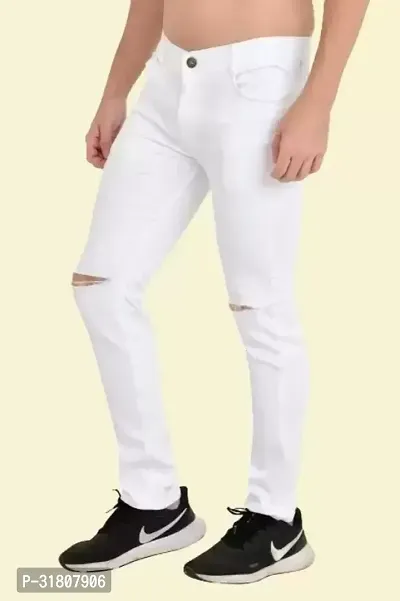 Mevan Slim Fit Denim White Knee Cut Jeans-thumb0