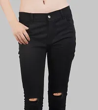 Linaria Tapered Fit Denim Women Black Knee Cut Jeans-thumb3