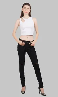 Linaria Tapered Fit Denim Women Black Knee Cut Jeans-thumb4