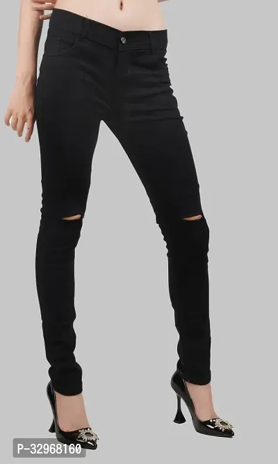 Linaria Tapered Fit Denim Women Black Knee Cut Jeans-thumb0