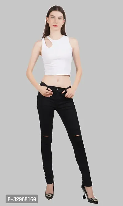 Linaria Tapered Fit Denim Women Black Knee Cut Jeans-thumb5