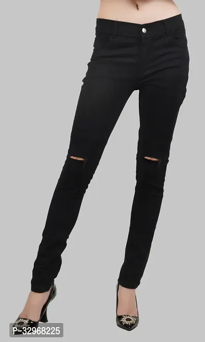 Linaria Regular Fit Denim Women Black Knee Cut Jeans-thumb0