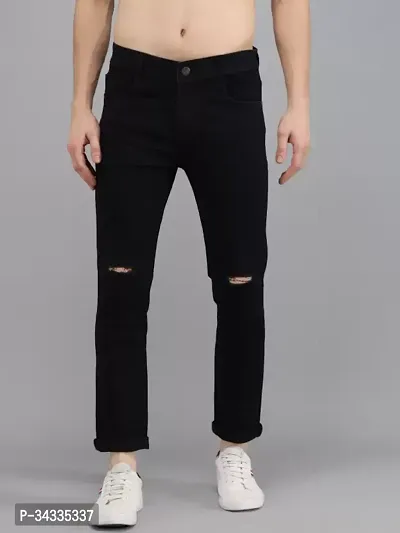 Stylish Slim Fit Denim Black Knee Cut Jeans-thumb0