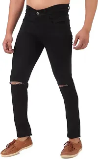 Stylish Slim Fit Denim Black Knee Cut Jeans-thumb2