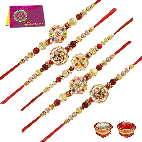 Traditional Rakhi for Bhai with Greeting Card, Roli and Tika