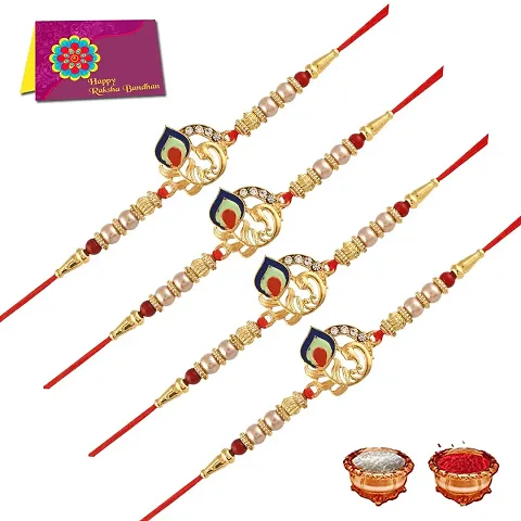 Designer Rakhi For Raksha Bandhan with Greeting card , Roli and Tika (Pack of 4)