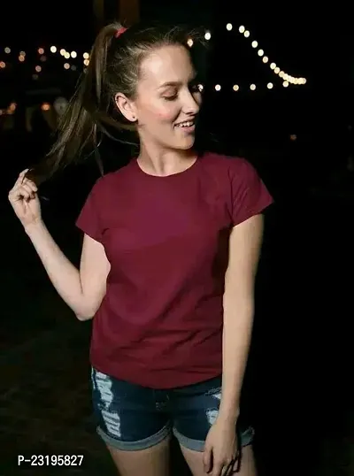 Elegant Maroon Cotton Blend Solid Tshirt For Women