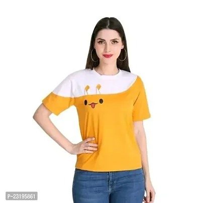 Elegant Yellow Cotton Blend Colourblocked Tshirt For Women