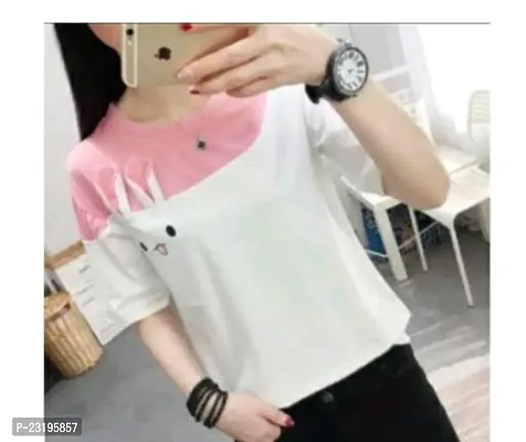 Elegant White Cotton Blend Colourblocked Tshirt For Women