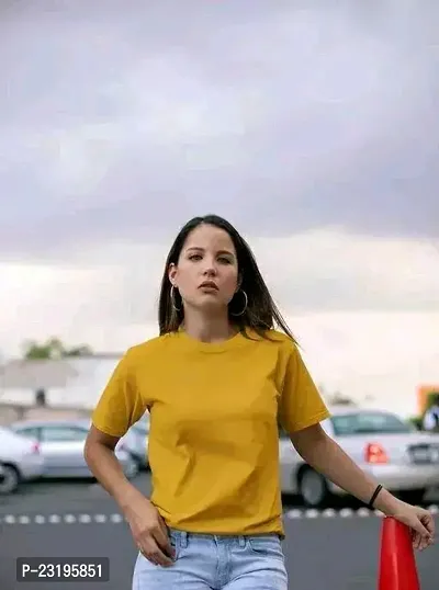 Elegant Yellow Cotton Blend Solid Tshirt For Women