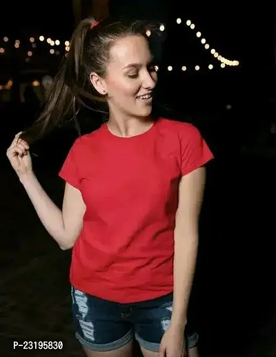 Elegant Red Cotton Blend Solid Tshirt For Women-thumb0
