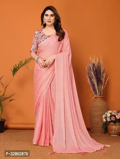 Stylish Pink Polyester Solid Saree with Blouse Piece For Women-thumb0