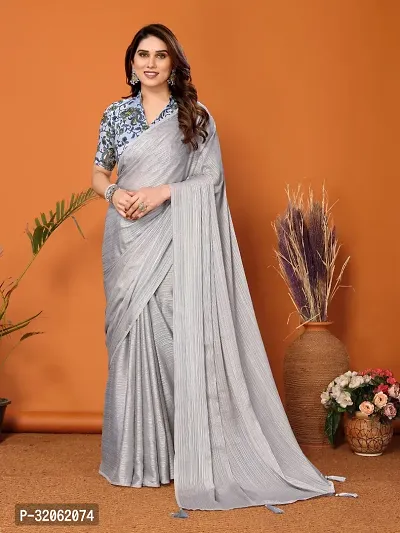 Stylish Grey Polyester Solid Saree with Blouse Piece For Women-thumb0