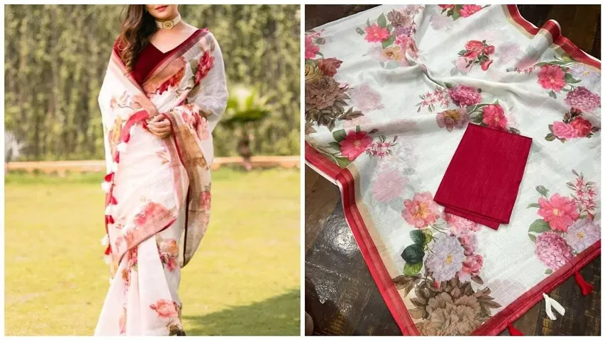 Linen Printed Sarees with Blouse Piece