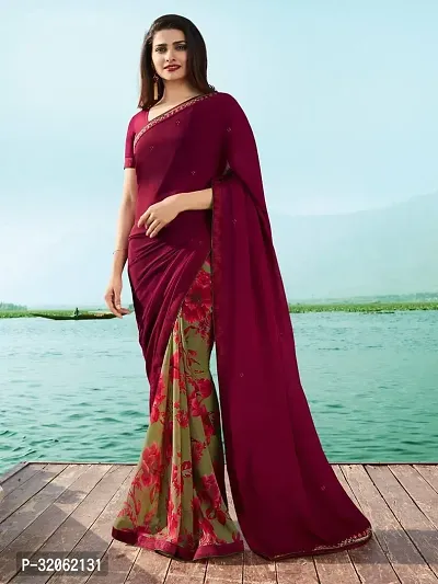 Stylish Maroon Georgette Printed Saree with Blouse Piece For Women-thumb0