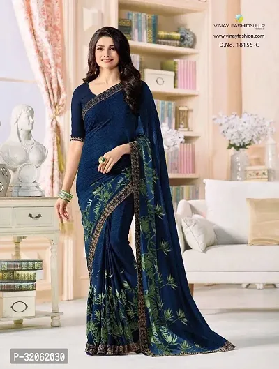 Stylish Navy Blue Georgette Printed Saree with Blouse Piece For Women