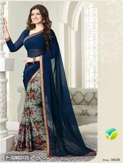 Stylish Blue Georgette Printed Saree with Blouse Piece For Women