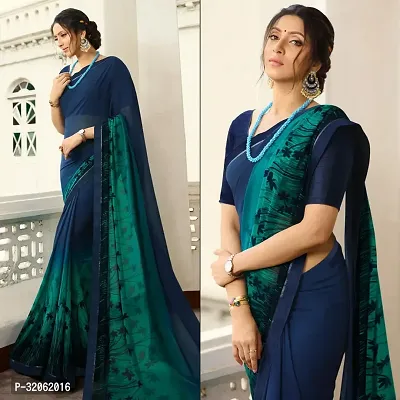 Stylish Blue Georgette Printed Saree with Blouse Piece For Women