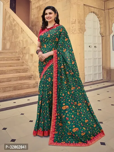 Stylish Green Georgette Printed Saree with Blouse Piece For Women