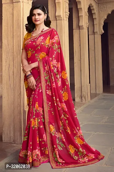 Stylish Red Georgette Printed Saree with Blouse Piece For Women