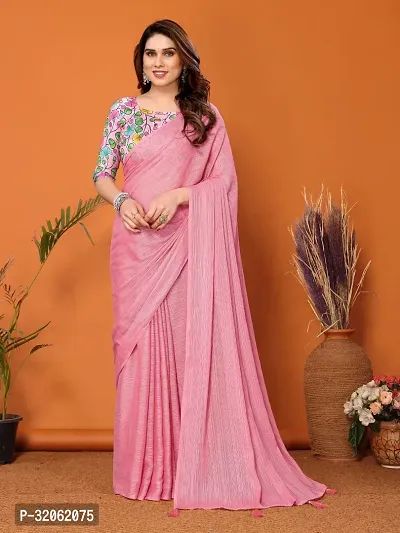 Stylish Pink Polyester Solid Saree with Blouse Piece For Women-thumb0