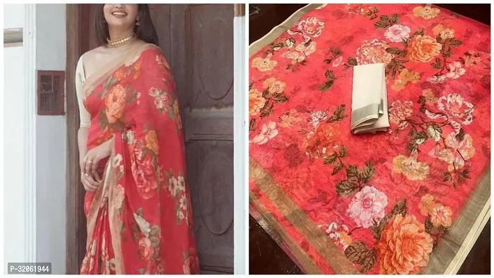 Stylish Red Linen Printed Saree with Blouse Piece For Women