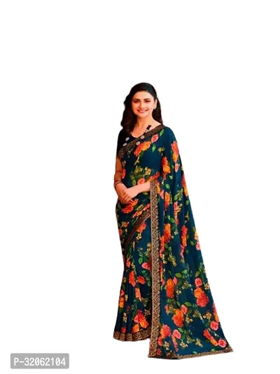 Stylish Navy Blue Georgette Printed Saree with Blouse Piece For Women-thumb0