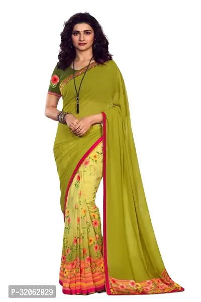 Stylish Green Georgette Printed Saree with Blouse Piece For Women-thumb0