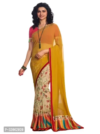 Stylish Yellow Georgette Printed Saree with Blouse Piece For Women-thumb0