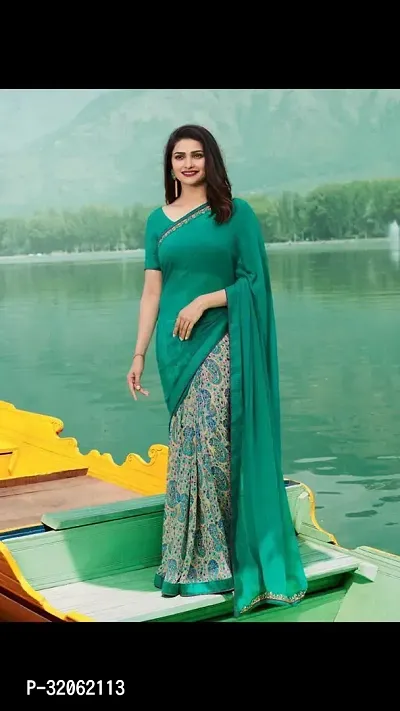 Stylish Green Georgette Printed Saree with Blouse Piece For Women