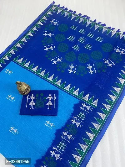 Stylish Blue Linen Printed Saree with Blouse Piece For Women