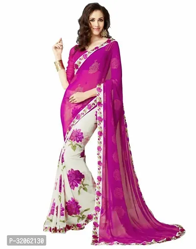 Stylish White Georgette Printed Saree with Blouse Piece For Women-thumb0