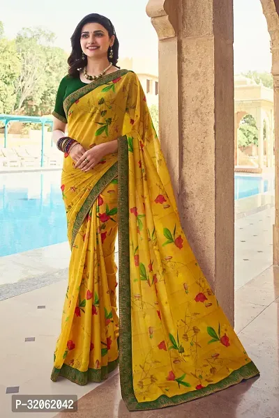 Stylish Yellow Georgette Printed Saree with Blouse Piece For Women-thumb0