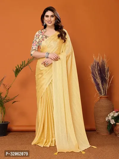 Stylish Yellow Polyester Solid Saree with Blouse Piece For Women-thumb0