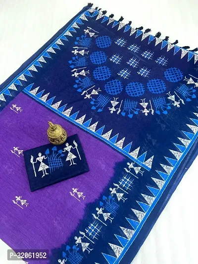 Stylish Blue Linen Printed Saree with Blouse Piece For Women