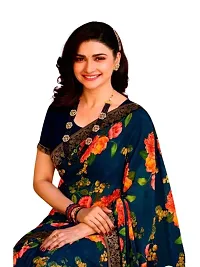 Stylish Navy Blue Georgette Printed Saree with Blouse Piece For Women-thumb1