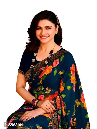 Stylish Navy Blue Georgette Printed Saree with Blouse Piece For Women-thumb2