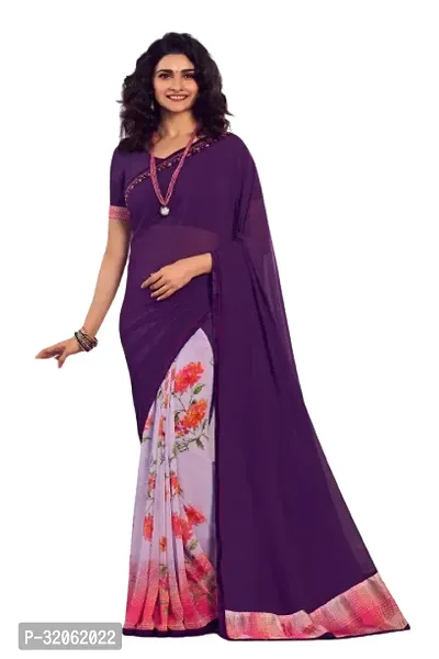 Stylish Purple Georgette Printed Saree with Blouse Piece For Women