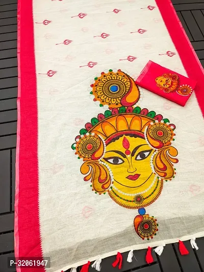 Stylish White Linen Printed Saree with Blouse Piece For Women