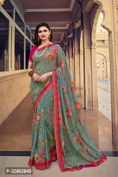 Stylish Green Georgette Printed Saree with Blouse Piece For Women-thumb0