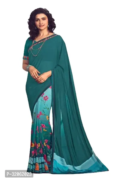 Stylish Sea Green Georgette Printed Saree with Blouse Piece For Women