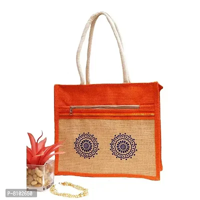 Eco-Friendly Jute Bag-Reusable Tiffin/Shopping/Grocery Multipurpose Hand Bag with Zip  Handle for Men and Women (Orange)-thumb0