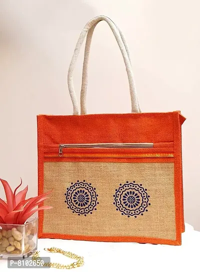 Eco-Friendly Jute Bag-Reusable Tiffin/Shopping/Grocery Multipurpose Hand Bag with Zip  Handle for Men and Women (Orange)-thumb2