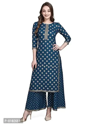 Aadhunik Libaas Women's Rayon Kurta With Palazzo Set (Large, Blue)